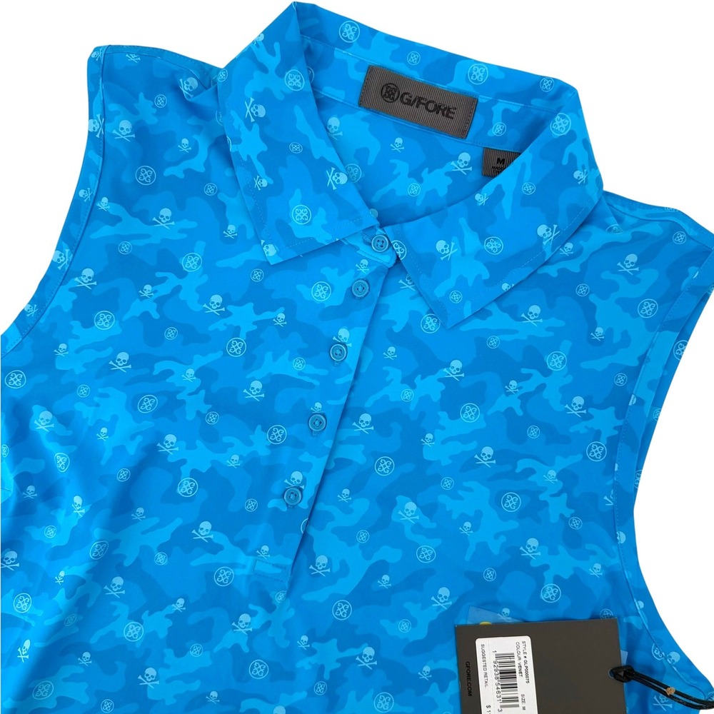 G/FORE Womens M Blue Icon Camo Skull & Crossbones Sleeveless Golf Polo NEW